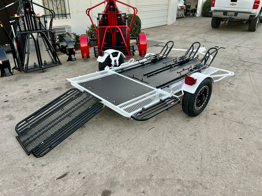 Stand up Motorcycle trailer in gloss white frame. Flat Black deck Motorcycle trailer