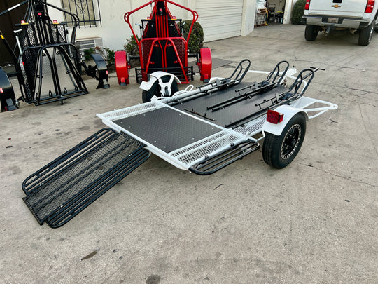Stand up Motorcycle trailer in gloss white frame. Flat Black deck Motorcycle trailer