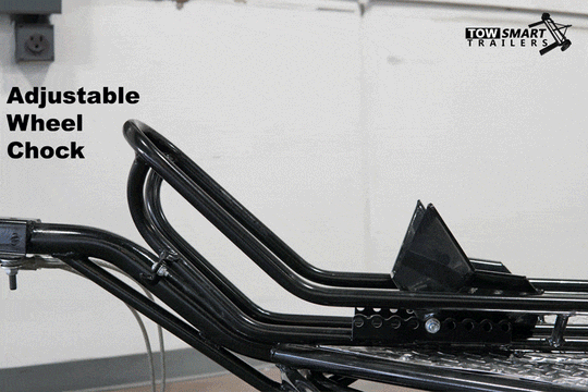 Adjustable wheel chock for stand up motorcycle trailer.
