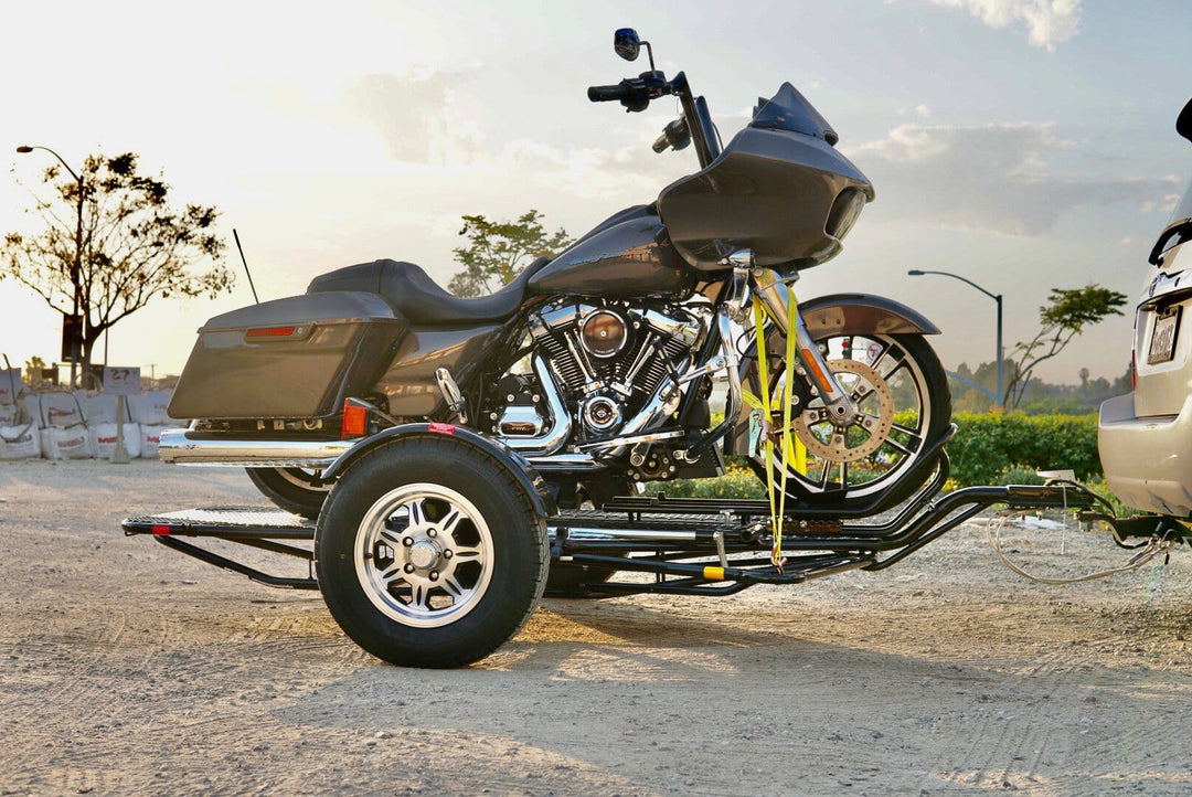 Harley davidson on a Tow Smart Trailers Single rail bike trailer, Designed to fold and stand out from the competition. Priced at an affordable price.