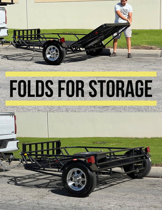 Standing Utility Trailer that can stand up for storage, A trailer that can fold and stand upright and tow a trike or a motorcycle.