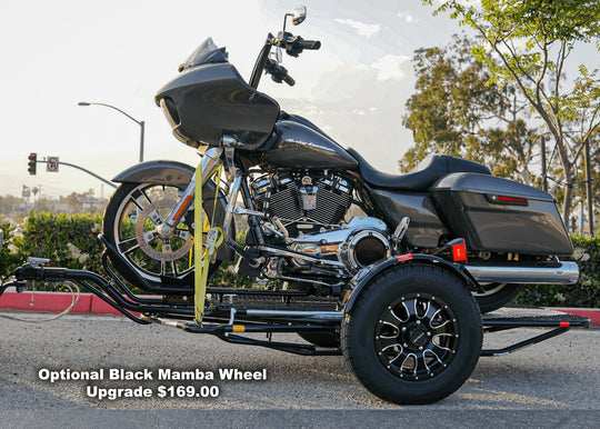 Fold up motorcycle trailer spiced up with Mamba wheel upgrade. The SRL motorcycle trailer is the best 1000 lb motorcycle for dirt bike crusiers and sport bikes