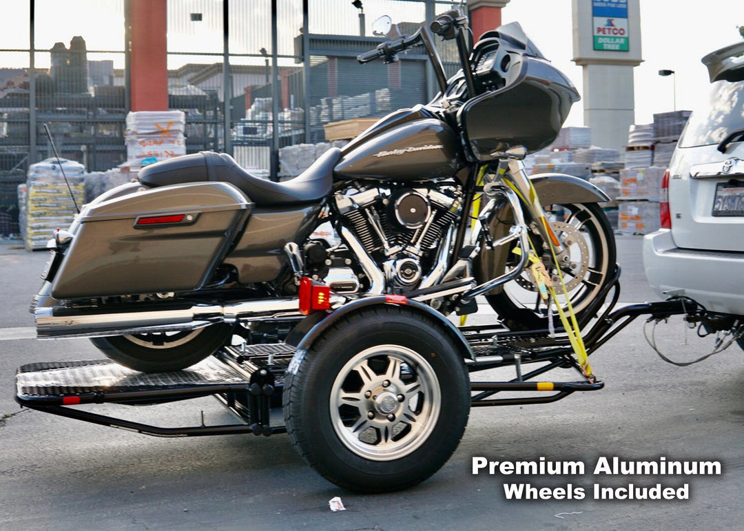 Ultra glide, honda goldwing, cruisers dirt bike and sport bike motorcycle trailer. Folds up for storage and stands out with the new wheels