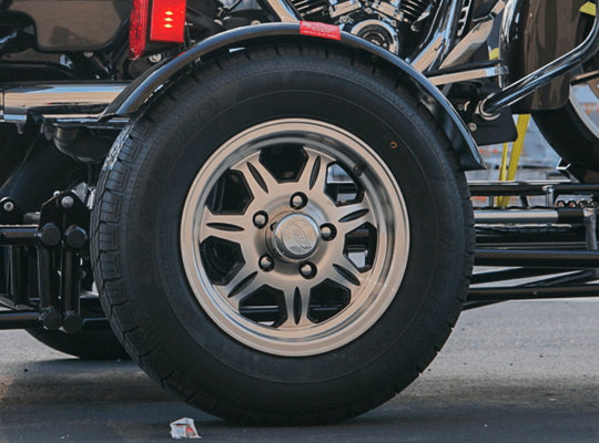 Spare wheel and tire for any motorcycle trailer