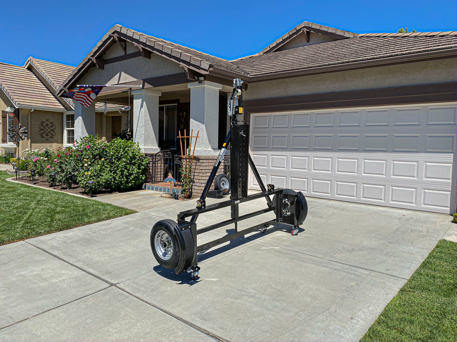 stand up car tow dolly, stores vertically on its on without any assistance powder coated and better than cartowdolly.com 