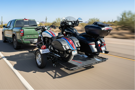 TRINITY MT3 STAND UP TRAILER TOWING TWO FULL SIZE MOTORCYCLE TRAILERS
