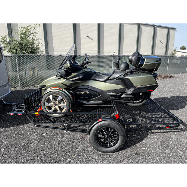 FOlding Trailer with Can Am spyder on top of it folding motorcycle trailer with extra ramp