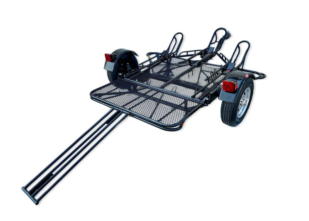 Dirt bike trailer, trailer up to three motorcycles. Folds away for storage. Single Rail Dirt bike trailer Stand out Trailer Up