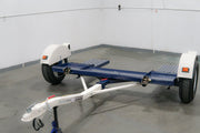 Front Side of blue and white car tow dolly with led lights and heavy duty tow dolly fenders 