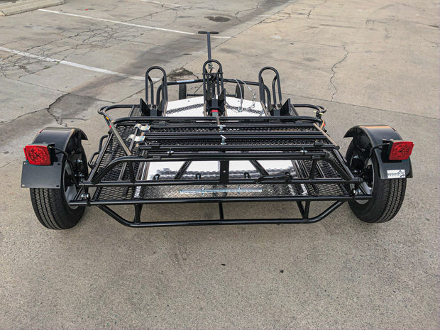 Rear end of the three rail motorcycle trailer with ramp holder , motorcycle trailers for sale
