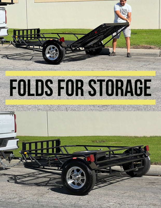 Standing Utility Trailer that can stand up for storage, A trailer that can fold and stand upright and tow a trike or a motorcycle. 