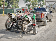 rear view of the three rail dirt bike sport bike trailer fully loaded similar to kendon stand up trailer
