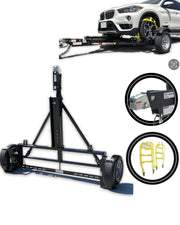 "A stand-up car tow dolly, used for transporting vehicles by attaching them to the back of a towing vehicle. The dolly supports the front wheels of the vehicle being transported, allowing it to be easily moved without the need for a trailer."